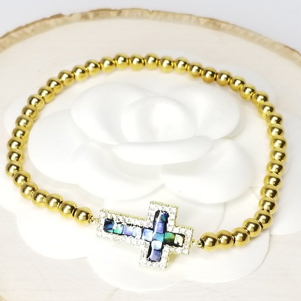 18K Gold Stainless Steel Pave CZ Cross Bracelet - Picture 4 of 10